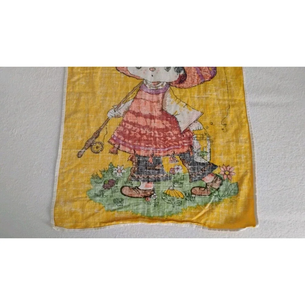 Vtg 70s Linen Tea Towel Boho Big Eyed Girl Going Fishing Yellow Orange Green